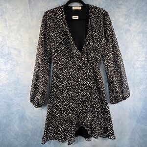 All In Favor Polka Dot Wrap Dress Black White Long Sleeve Ruffle Hem Size M